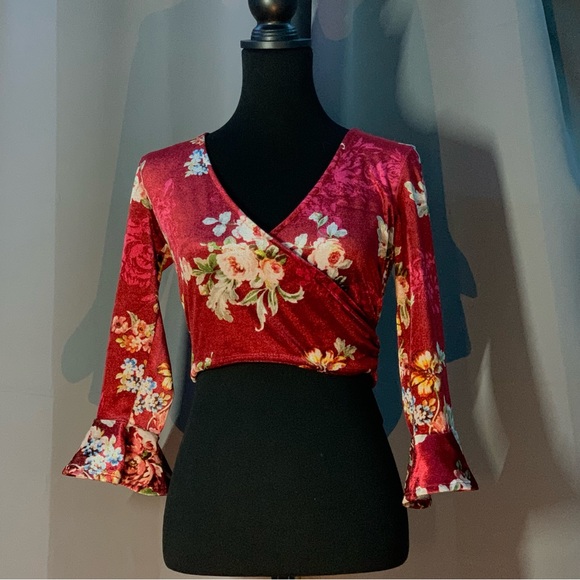 Forever 21 Velvet Floral Crop Top Surplice Deep Vneck Ballet Wrap Tie Waist - Picture 1 of 9
